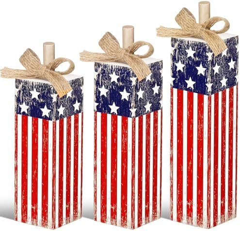 3 Pcs Patriotic Tiered Tray Decor 4th of July Wooden Block Sign Memorial Day Decorations Rustic Farmhouse Wood Firework Centerpiece Red Blue and White American Flag Star Table Decor for Home