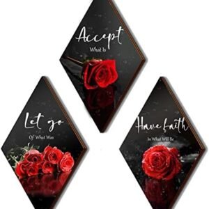 3 Pcs Red Rose Bathroom Wall Decor Flower Red Decor Inspirational Wooden Wall Art Office Wall Decor with Accept Let Go Have Faith Sign for Girl Women Bathroom Living Room Bedroom(Red Rose12 x 7 Inch)