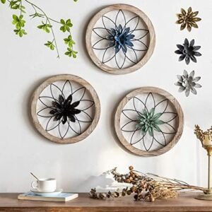 3 Piece Round Farmhouse Wall Decor with 6 Piece Interchangeable Flowers 12'' Medallion Wood & Metal Rustic Wall Art for Living Room Bedroom Kitchen Bathroom Dining Room Home Decorations