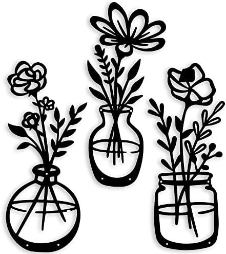 3 Pieces Black Metal Flowers Wall Decor Metal Vase Wall Art Metal Wall Sculptures Hanging for Indoor Kitchen Bathroom Bedroom living room,14.56x5.9 inches