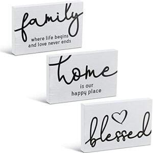 3 Pieces Family Home Blessed Rustic Wood Sign Mini Wood Decorative Signs Farmhouse Woodworks Decors Table Decorations Signs for Bedroom Kitchen Living Room Table Decorations