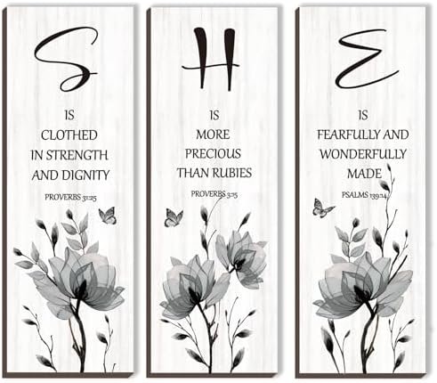 3 Pieces Inspirational Black Floral Wall Decor Wooden Hanging Wall Art Christian Quotes SHE Word Sign Black White Wall Art Gift for Girl Teen Women Bedroom Bathroom Office (Black 12x4 Inch)