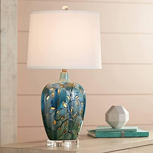 360 Lighting Devan Cottage Table Lamp with Nightlight 24.5" High Ceramic Blue Acrylic Vine Handcrafted Oval Fabric Shade Decor for Living Room Bedroom House Bedside Nightstand Home Office