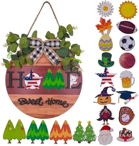 3D Interchangeable Home Sweet Home Sign with 4 Seasonal and 21 Changeable Icons for Holidays, Hanging Wooden Welcome Sign for Front Door Decor(12"x12"x0.6")