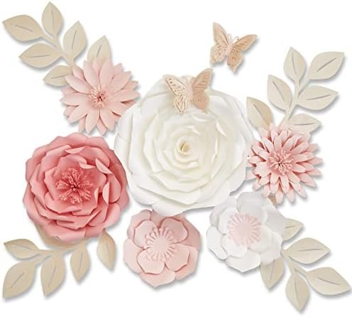 3D Paper Flowers Decorations for Wall, Pink Roses Artificial Flowers with Leaves and Butterfly Stickers, Elegant Decor Nursery Room Wall, Wedding and Baby Shower Décor (14pcs, Pink Set)