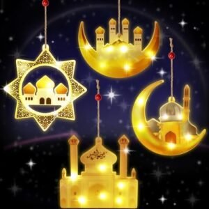 4 PCS Ramadan Lights Decorations, Ramadan Decorations for Home，Eid Mubarak Decorations Battery Operated Muslim Star Moon and Castle Hanging Lights, Ramadan Gifts Ramadan Decor for Home Outdoor