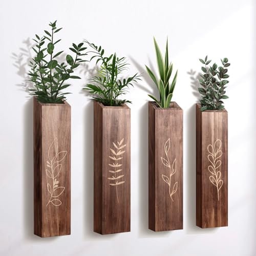 4 Pack Wood Indoor Wall Planters, Modern Wall Decor for Living Room Bedroom, Farmhouse Pocket Wall Vases for Dried Flowers and Faux Greenery Plants - Brown