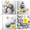 4 Panels Modern Yellow Gray Bathroom Wall Art Decor Zen Flowers and Pebble Stone Pictures Canvas Print Framed Ready to Hang Spa Room Decoration 12x12inchx4pcs (Small, Yellow)