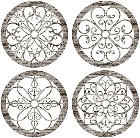 4 Pcs Thicken Rustic Wall Decor Farmhouse Wall Art Wooden Hollow Carved Design Decor Rustic Round Wall Art for Living Room Bedroom Hallway Decor Kitchen Wall (Retro White,10 x 10 Inch)