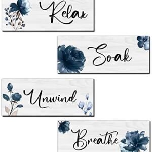 4 Pieces Bathroom Art Rustic Farmhouse Bathroom Wall Decor Relax Soak Unwind Breathe Wood Hanging Sign for Home Spa Bathroom Laundry