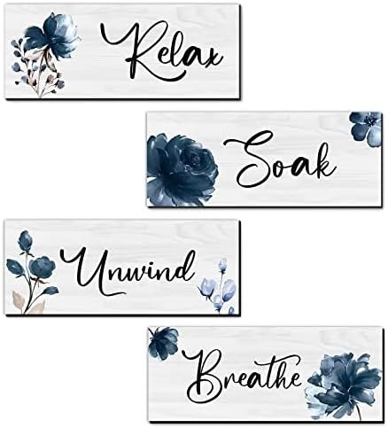 4 Pieces Bathroom Art Rustic Farmhouse Bathroom Wall Decor Relax Soak Unwind Breathe Wood Hanging Sign for Home Spa Bathroom Laundry