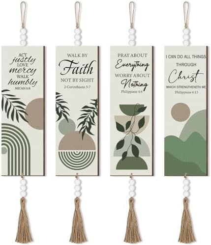 4 Pieces Bible Verses Wall Art Wooden Christian Boho Wall Decor with Beads Hanging Sign Inspirational Prayer Plaque Motivational Prayer Room Decor for Office Kitchen Bedroom Wood Sign Set (Bright)