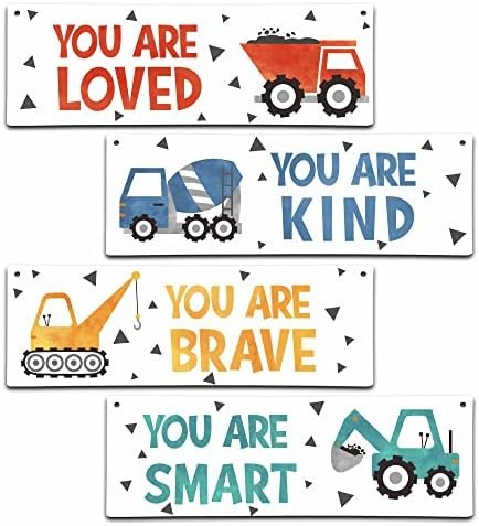 4 Pieces Construction Vehicles Decor Kids Room Wall Decor Wooden Sign - Motivational Wall Art For Kids Room Nursery Playroom Classroom(Sign-01)