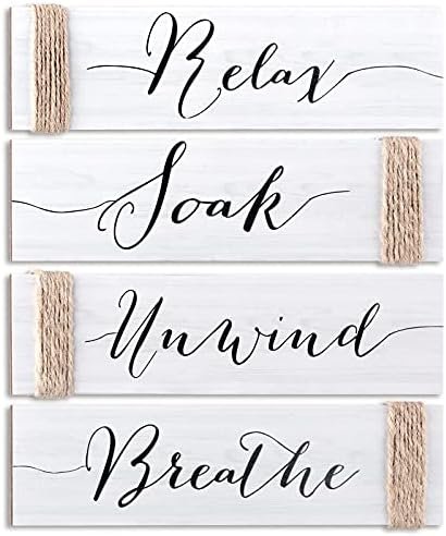 4 Pieces Farmhouse Bathroom Decor Wall Art Bathroom Sign Rustic Bathroom Decor Relax Soak Unwind Breathe Wood Sign for Home Spa Bathroom Decor, 11.8 x 3 Inch (White)