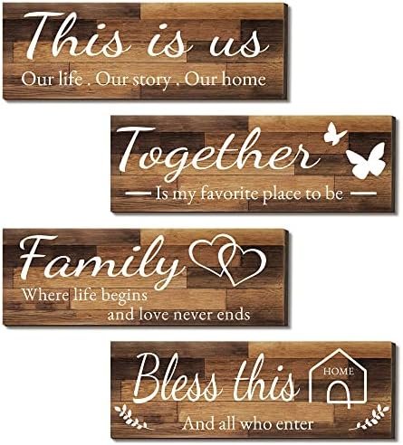 4 Pieces Home Wall Signs, THIS IS US/TOGETHER/BLESS THIS HOME/FAMILY Wall Decor For Living Room Bedroom, Rustic Wooden Farmhouse Wall Art , 4.7 x 13.8 Inch(Brown)