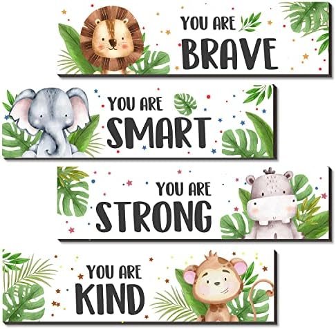 4 Pieces Jungle Animals Wall Art Decors - Motivational Wall Art，Jungle Animals Wooden Hanging Wall Prints Plaques，Jungle Animals Room Decor for Boys Room