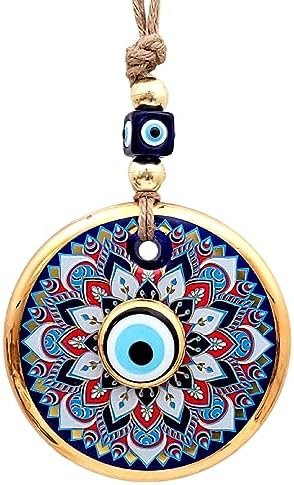 4.3" Glass Blue Evil Eye Wall Hanging Floral Design Gold Ornament – Evil Eye Wall Hanging in a Box - Home Protection Charm Evil Eye Wall Decor - Turkish Nazar Amulet