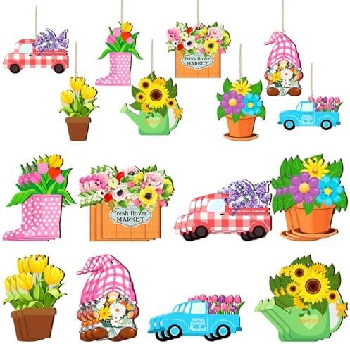 48 Pcs Spring Wooden Hanging Ornament Wood Tulip Hanging Ornaments Flower Gnome Hanging Wood Cutouts Spring Hang Decoration for Home Small Tree Party