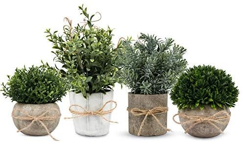 4Pcs Small Fake Plants for Home Decor - Faux Plants Indoor for Bathroom Decor - Small Artificial Plants Indoor Mini Greenery in White Pot for Farmhouse Kitchen Room Shelf Office Decor