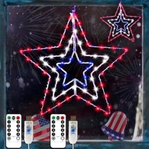 4th of July Decorations, 3 Layers of 14 inch Stars Red White and Blue Lights with Rotatable Function, Durable Metal Frame Patriotic Lights with Remote, 8 Modes & Timer for Home Décor(2PACK)