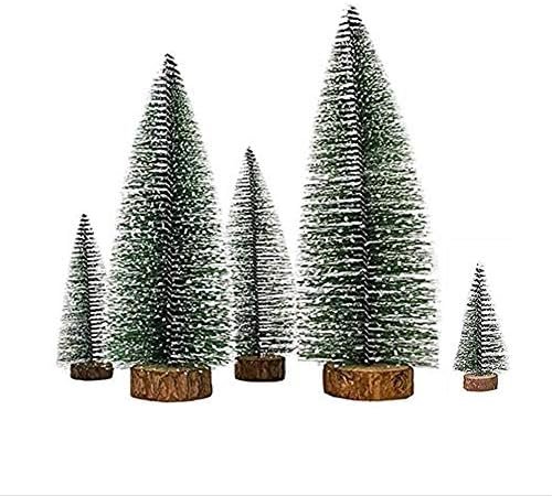 5 PCS Christmas Trees Desktop Miniature Pine Tree Artificial Mini Christmas Sisal Snow Frost Trees with Wooden Bases Plastic Winter Snow Ornaments Tabletop Trees for Christmas Party Home Decor