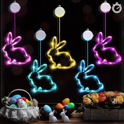 5 Pcs Easter Window Lights Bunny Shaped Hanging Lights with Timer and Suction Cup Battery Operated Easter Lights Easter Window Decorations for Home Farmhouse Window Door Decor (Monochrome)