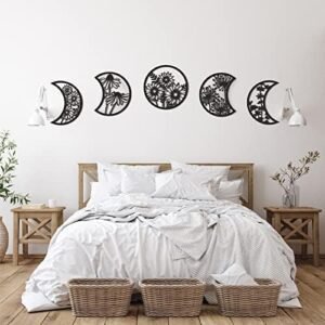 5 Pieces Moon Phase Wall Decor Boho Hanging Moon Phase Nordic Wood Wall Art for Living Room Bedroom Home Wall Decoration Room Apartment Bar Ornament (Black)