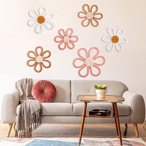 6 Pcs Boho Nursery Decor Daisy Flower Woven Macrame Wall Hanging 3 Size Daisy Decor Flower Wall Decor Bohemian Nursery Home Wall Decor for Kids Nursery Dorm Wall Art (Pink, Brown, White)