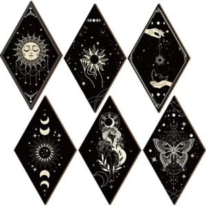 6 Pieces Boho Wall Decor Sun Moon Phases Wall Art Gothic Minimalist Stars Sun Wall Hanging Boho Wooden Home Decor Farmhouse Wall Pediments for Gallery Living Bedroom Room(Boho)