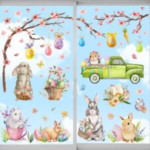 6 Sheets Easter Window Clings Watercolor Easter Bunny Eggs Tree Window Decals Double-Sided Seasonal Spring Window Decor for Home Office School Shop Glass Display