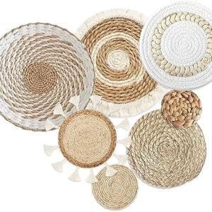 7 Pack Boho Wall Basket Decor - Seagrass Rattan Wicker Wall Decor Round Handmade Hanging Rustic Flat Elegant Wall Art for Farmhouse Living Rooms Bedrooms Display Table Settings Kitchen Home