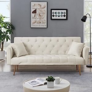 72"Modern Velvet Sofa Bed Futon,Convertible Folding Sleeper Couches with 3 Adjustable Backrests,Tufted Recliner Love Seat with Golden Chrome Legs for Living Room Apartment Home Office (Beige)