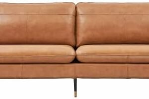 79" Genuine Leather Sofa, Top-Grain 3 Seater Leather Couch, Mid-Century Modern Upholstered Sofa for Living Room Bedroom Apartment Office, Cognac Tan