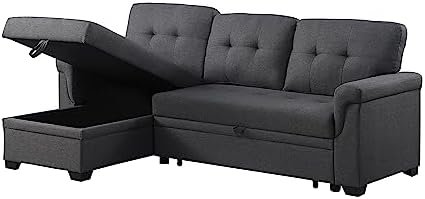 84 inch L-Shape Sectional Sleeper Sofa with Chaise Storage and Pull-Out Bed, Tufted Linen Backrest, Reversible 3-Seater for Living Spaces, Dark Grey