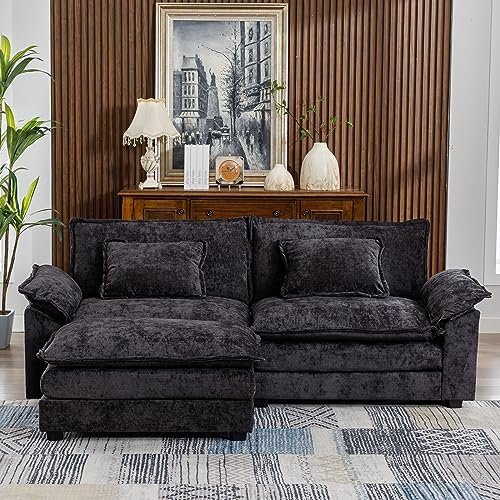 85.8" Modern Sectional Sofa Cloud Couch for Living Room, Chenille Fabric Double-Upholstered Comfy Sleeper Sofa, Wide Loveseat Couches with Moveable Ottoman for Bedroom, Apartment, Office (Black)