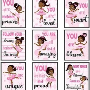 9 Pcs Black Ballerina Wall Decor Black Toddler Girl Wall Art Motivational African Little Girls Pink Room Decor for Positive Pink Bedroom Wall Decor Ballerina African American Toddler Quotes Posters