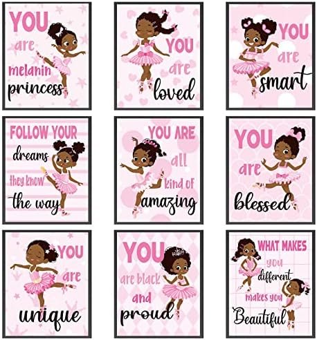 9 Pcs Black Ballerina Wall Decor Black Toddler Girl Wall Art Motivational African Little Girls Pink Room Decor for Positive Pink Bedroom Wall Decor Ballerina African American Toddler Quotes Posters