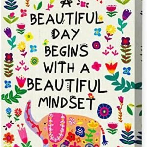 A Beautiful Day Begins with A Beautiful Mindset Canvas Framed Art, Colorful Flowers Elephants Motivational Mindset Canvas Framed Print for Teens Girls Home Bedroom Dorm Office Wall Decor 12" x 15"