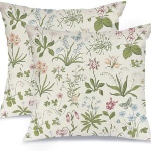 AACORS Spring Pillow Covers 18x18 Set of 2,Sage Green Wild Plant Butterfly Decor Seasonal Floral Farmhouse Throw Pillow Case Decorations for Home Sofa Couch（Green） AA541-18-2