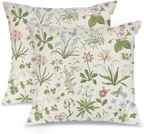 AACORS Spring Pillow Covers 18x18 Set of 2,Sage Green Wild Plant Butterfly Decor Seasonal Floral Farmhouse Throw Pillow Case Decorations for Home Sofa Couch（Green） AA541-18-2