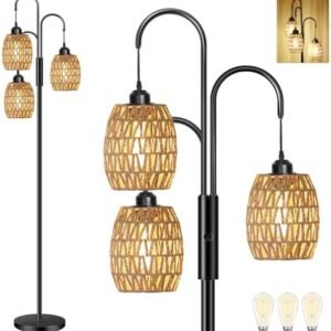 AKASUKI 3 Lights Artificial Rattan Floor Lamps for Living Room, Metal Standing Lamp with Handmade Rope Lampshades, Stepless Dimmable Boho Floor Lamp for Living Room Bedroom, 3 PCS 6W Bulbs Included