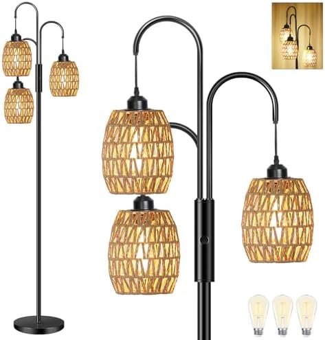 AKASUKI 3 Lights Artificial Rattan Floor Lamps for Living Room, Metal Standing Lamp with Handmade Rope Lampshades, Stepless Dimmable Boho Floor Lamp for Living Room Bedroom, 3 PCS 6W Bulbs Included