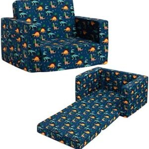 ALIMORDEN 2-in-1 Flip Out Soft Kids Sofa, Convertible Chair to Lounger for Children, Navy Blue with Cool Dinosaurs Pattern