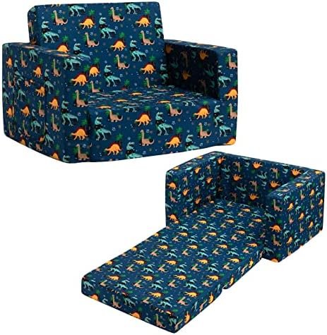 ALIMORDEN 2-in-1 Flip Out Soft Kids Sofa, Convertible Chair to Lounger for Children, Navy Blue with Cool Dinosaurs Pattern