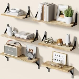 AMADA HOMEFURNISHING Wall Shelves, Set of 6 Floating Shelves for Wall Decor, Wall Shelves for Bedroom, Bathroom Shelves for Wall Storage, Rustic Farmhouse Book Shelves for Living Room