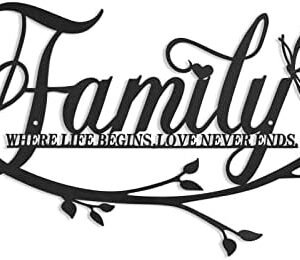 AUHOKY Family Where Life Begins Love Never Ends Word Sign Metal Wall Decor, Black Home Decor Wall Art Decorations, Letters Quotes Sign for Living Room Bedroom Kitchen Indoor Outdoor Decor(Black)