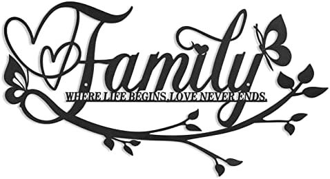 AUHOKY Family Where Life Begins Love Never Ends Word Sign Metal Wall Decor, Black Home Decor Wall Art Decorations, Letters Quotes Sign for Living Room Bedroom Kitchen Indoor Outdoor Decor(Black)