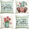 AVOIN colorlife Happy Easter Hello Spring Gnome Flower Throw Pillow Covers, 18 x 18 Inch Cushion Case Decoration for Sofa Couch Set of 4