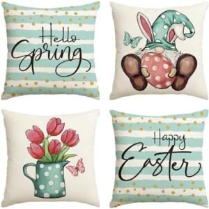 AVOIN colorlife Happy Easter Hello Spring Gnome Flower Throw Pillow Covers, 18 x 18 Inch Cushion Case Decoration for Sofa Couch Set of 4