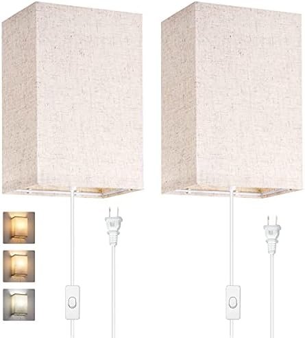 AVV Wall Sconces,Plug in Wall Sconces 3 Color Temperature 2700K 4000K 5000K,Wall Lamp with Plug in Cord and On/Off Switch,Fabric Linen Shade,No Wiring Required,Wall Lights for Bedroom Living Room